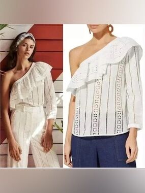 Veronica Beard Cruz Eyelet One-Shoulder Ruffle Top 4 small white cotton cottage